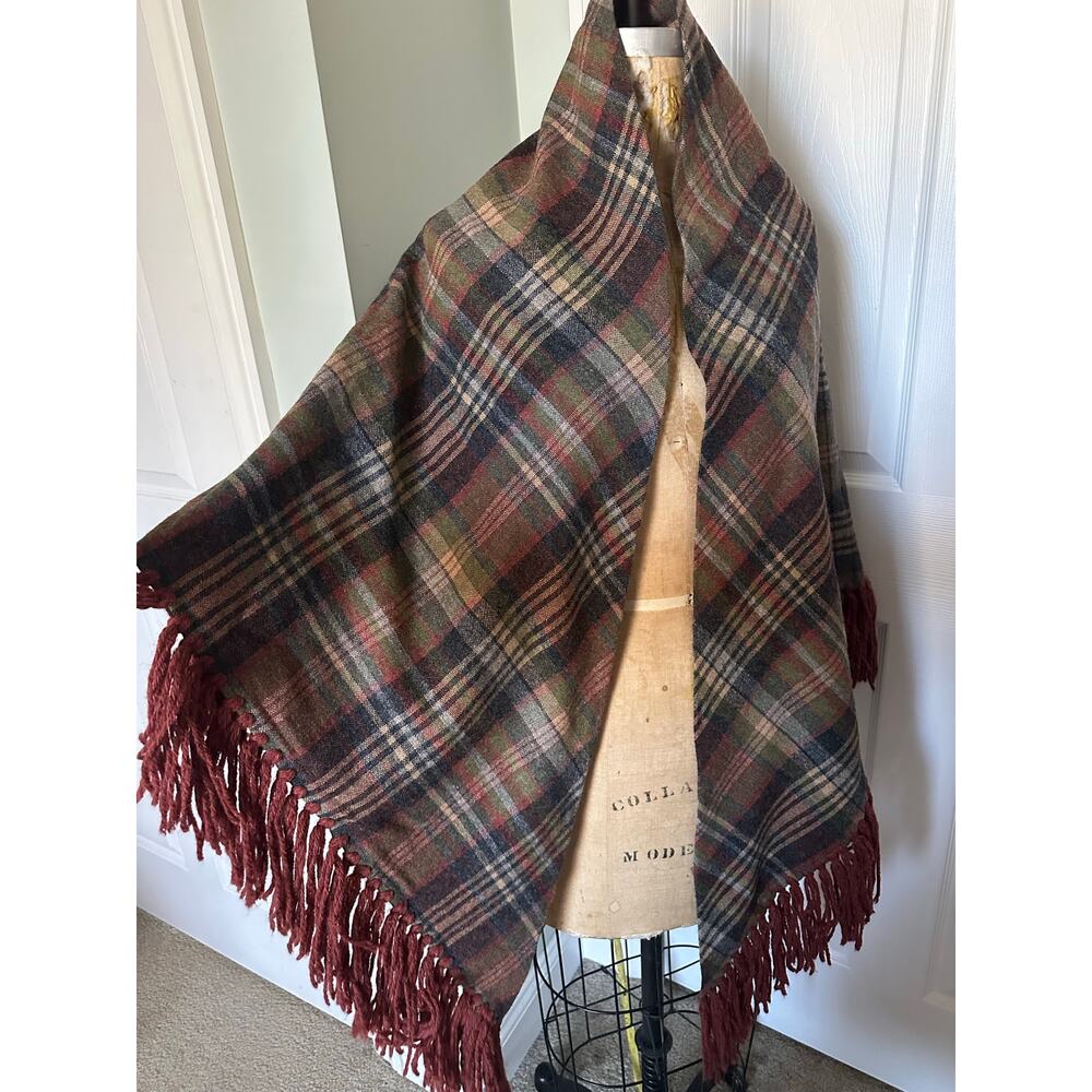 Vintage Plaid Wool Shaw Fringe Triangle brown rust gray olive green 82”x82” - Picture 4 of 16